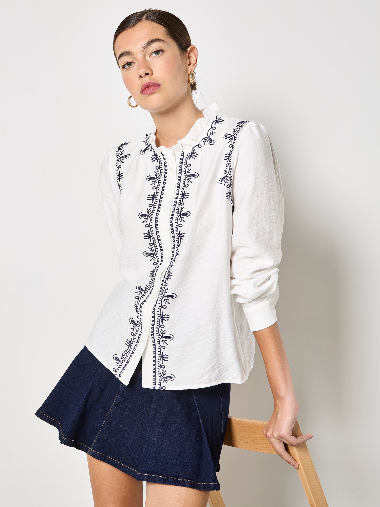 Blouse Apricot Ruffle Neck Embroid